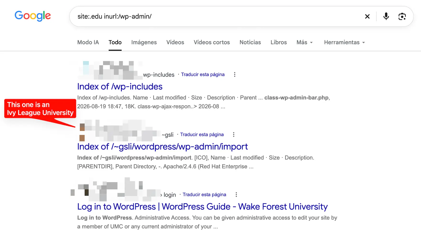 Google search results for site:.edu inurl:/wp-admin/ showing an open wp-includes directory listing, an open wp-admin/import directory on an Ivy League university site, and a WordPress login page, with domains blurred